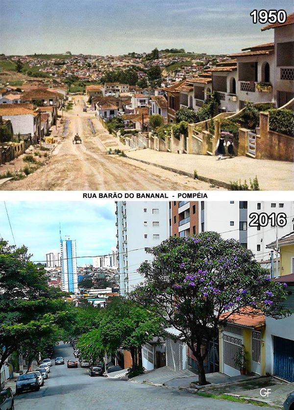 Exemplo pouco percebido de apropriação do espaço público: a calçada, que é pública, se transformou para acomodar os desejos dos donos dos lotes quando instalaram suas garagens. Rua Barão do Bananal, na Pompeia, antes e depois das entradas de garagem.