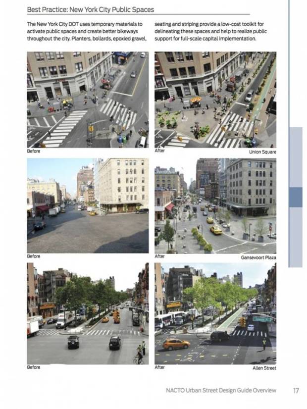 Página de publicação com fotos de ruas de Nova York antes e depois de reformas para pedestres