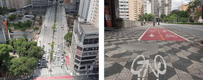 Vista aérea e ao nível dos olhos da ciclovia sobre a calçada do Viaduto 9 de Julho