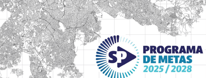 Logo do Programa de Metas 2025/2028 da Prefeitura de São Paulo sobre um mapa da cidade