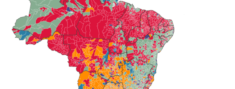 Mapa do Brasil do Nexo Jornal com o principal meio de deslocamento para o trabalho por município, segundo o Censo 2022