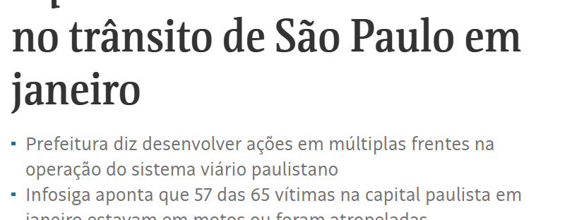 Reprodução da manchete da Folha: "Motociclistas e pedestres representam 90% das mortes no trânsito de São Paulo em janeiro"