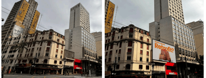 Antes e depois de um trecho do Boulevard São João: à esquerda o prédio sem anúncio, à direita com painel publicitário